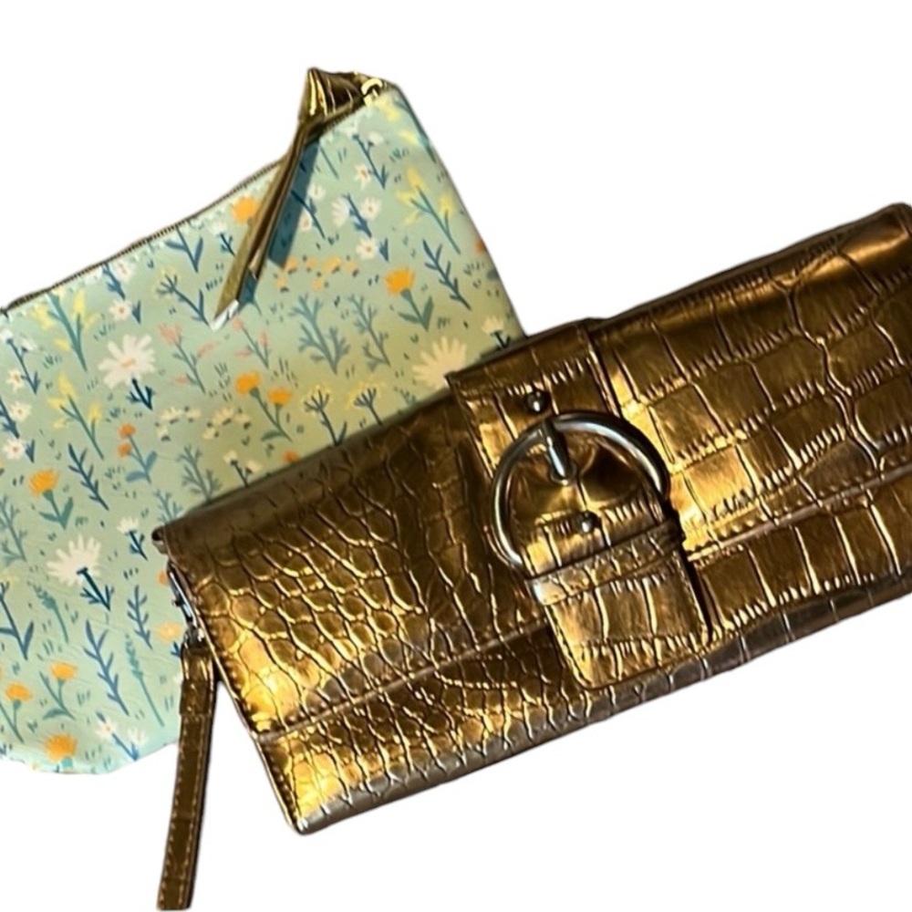Wallet & Cosmetic Bag Bundle Gold Floral Design Plus Gift NEW